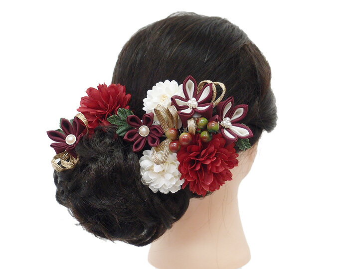 髪飾り 成人式 振袖 袴 3点セット 臙脂 大人 浴衣 かんざし 簪 卒業式 フォーマル 結婚式 花飾り つまみ細工 ちりめん W68 W304-266 髪飾り 臙脂 m973　WSi