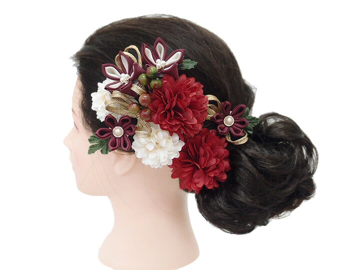 髪飾り 成人式 振袖 袴 3点セット 臙脂 大人 浴衣 かんざし 簪 卒業式 フォーマル 結婚式 花飾り つまみ細工 ちりめん W68 W304-266 髪飾り 臙脂 m973　WSi