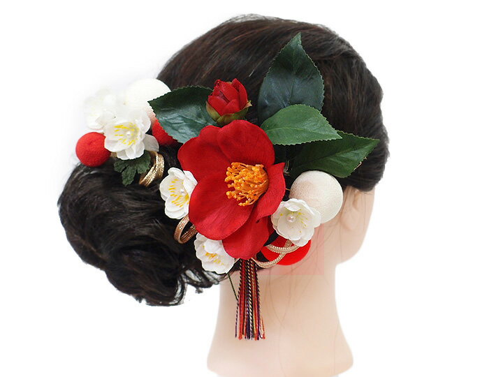 髪飾り 成人式 振袖 袴 2点セット 赤 白 椿 大人 浴衣 かんざし 簪 卒業式 フォーマル 結婚式 花飾り ちりめん W68 W304-240 髪飾り 赤 白 m976　WSi