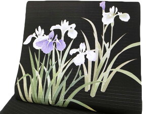 夏 名古屋帯 十日町友禅 秀美 絽 塩瀬 五泉 仕立て上がり 九寸帯 カジュアル 菖蒲 黒 b679r