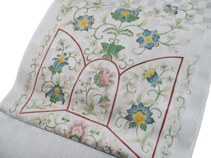 名古屋帯 老舗岡重 夏 反物 紋紗 更紗 未仕立て 正絹 ライトグレー 現品限り f487r