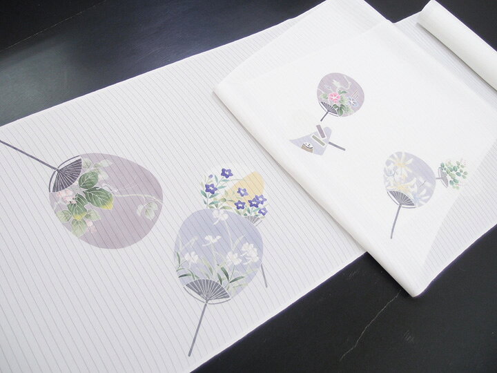 名古屋帯 夏 十日町友禅 秀美 夏塩瀬 染帯 団扇 正絹 新品 未仕立て 反物 涼やかな...