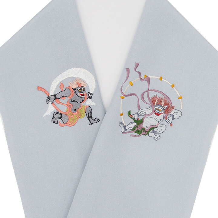 半衿 半襟 刺繍 風神 雷神 ワンポイント柄 正絹 琳派 水色 日本製 カジュアル 着物 小紋 紬  ...