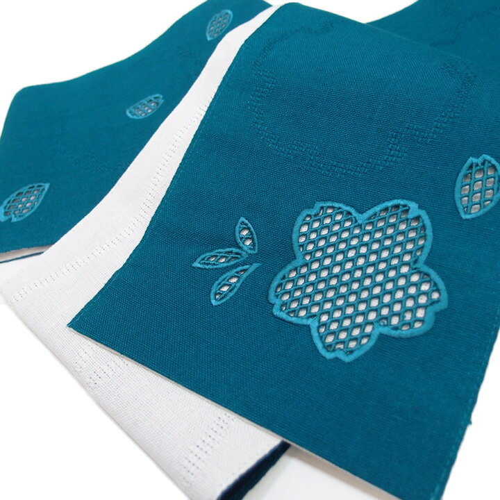 夏 半幅帯 麻 小袋帯 日本製 ドロンワーク 刺繍 桜 仕立て上がり カジュアル 浴衣 夏着物 青 c497
