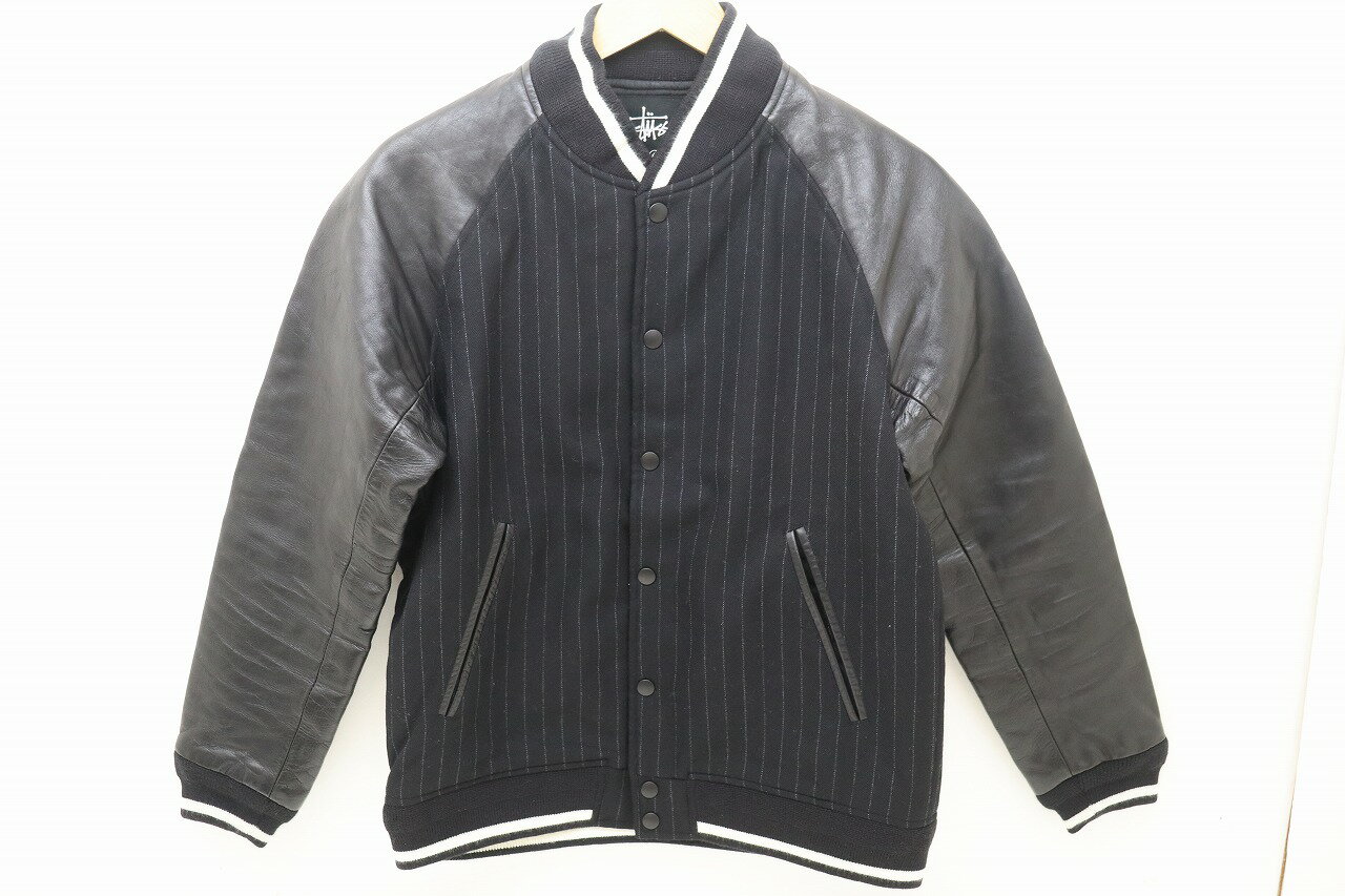 【値下げしました！】stussy fragment design ステューシー フラグメント Varsity Jacket スタジャン 袖レザー ジャケット 毛（ウール） ブラック L 【中古】【ストリート ルード】【金沢本店 併売品】【688009Kz】