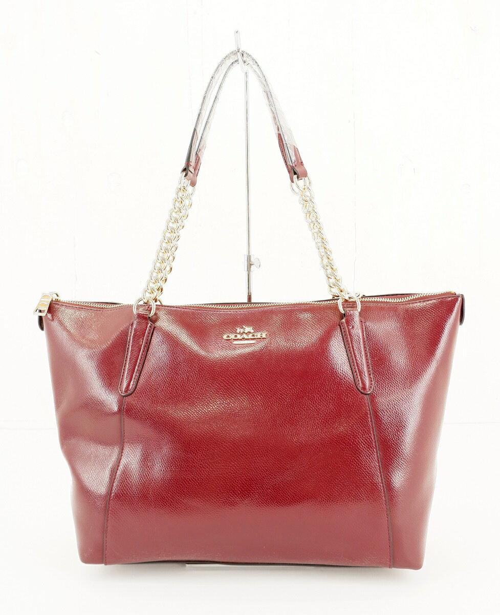 COACH F37078 CRS PAT AVA CHN TOTE コーチ ラグジュアリー クロスグレーン パテント レザー トートバッグ チェーン ショルダー トート シェリー JSB鑑定済み