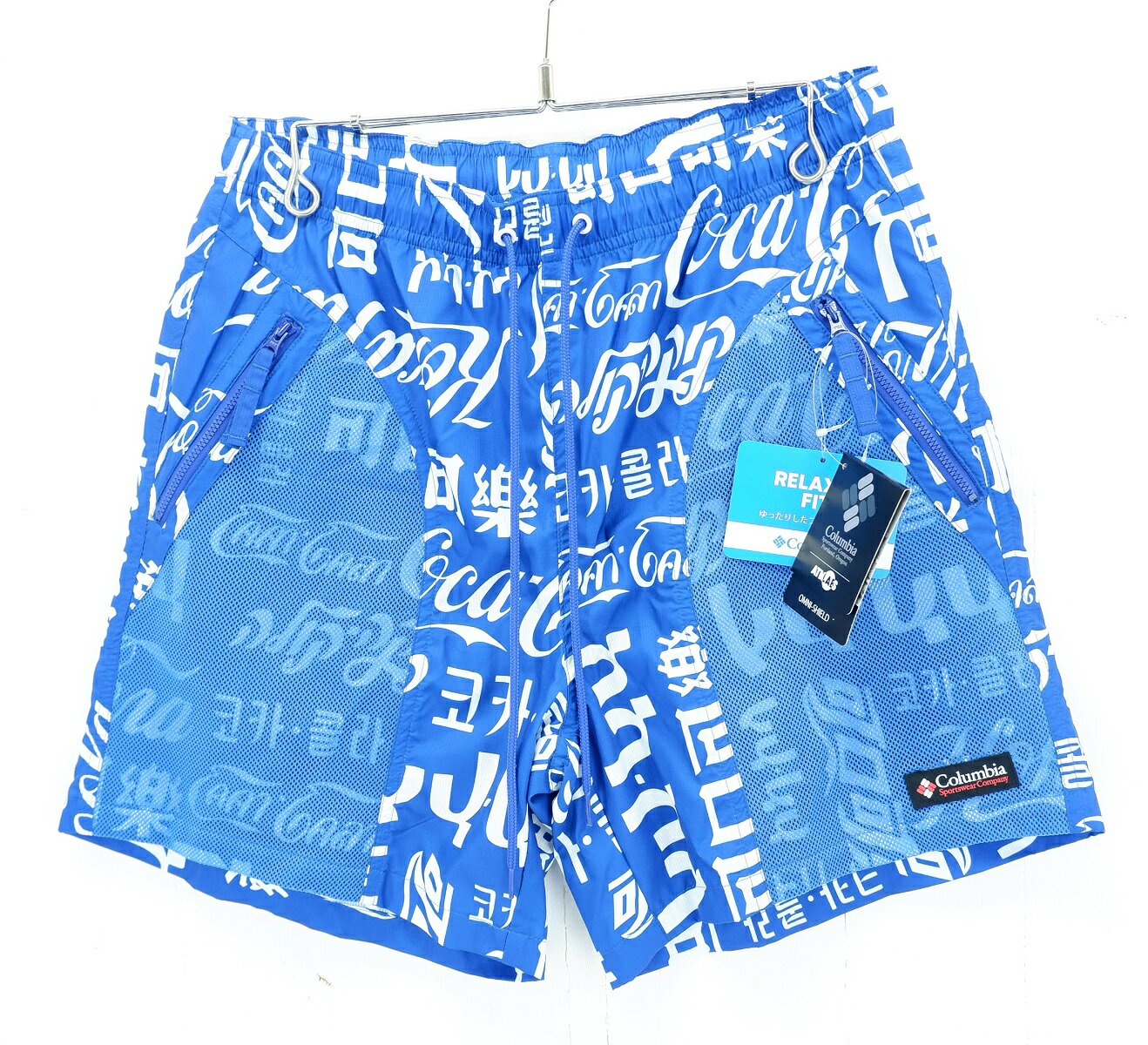 値下げしました　COCA-COLA × Columbia × ATMOS LAB RIPTIDE TXT SHORT size：M コカコーラ コロンビア アトモスラボ コラボ リップタイド ショーツ ハーフパンツ ボトムス ブルー PM0138 コロンビアスポーツウェアジャパン