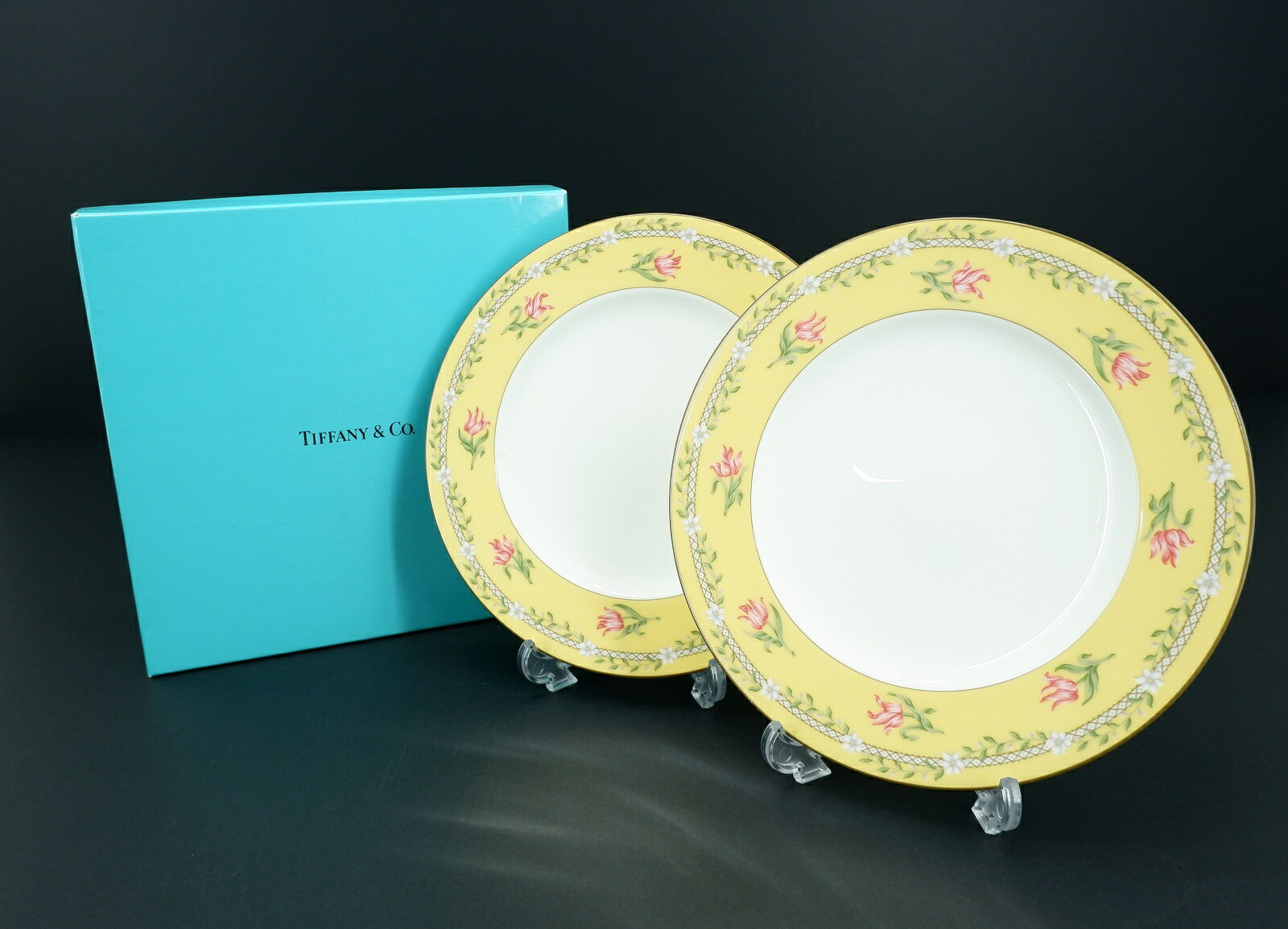 Tiffany Co. ピンクチューリップ 2枚 セット ティファニー 食器 お皿 18cm イエロー×ホワイト JSB鑑定済み