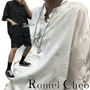 RomelCheo 龍柄 チャイナシャツ 漢服 メンズ ユニセックス モノクロ チャイナ服 チャイナボタン シャツ マオカラー 半袖 和柄 チャイナ風 韓国 ストリート系 レディース 原宿系 b系 モード系 個性的 アジアン エスニック 黒 白 モード系 モノトーン ロメルチェオ