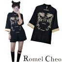 【送料無料】RomelCheo 龍柄 チャイナシャツ 半袖 カンフーシャツ 和風 和柄 漢服 レディース チャイナボタン 刺繍 スタンドカラー 和服 原宿系 ストリート系 Tシャツ 病み 個性的 ロンT 病みかわ ゆめかわ ロリータ チャイナシャツ ロメルチェオ