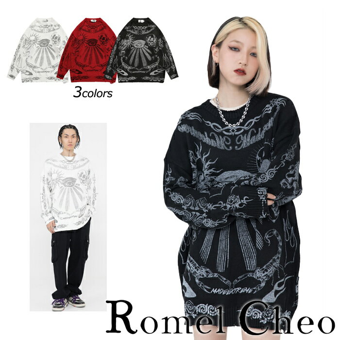 RomelCheo ゴシック プリント ロング セーター ニット メンズ レディース ユニセックス ドクロ 薔薇 蠍 髑髏 バラ サソリ スカル ストリート系 ...