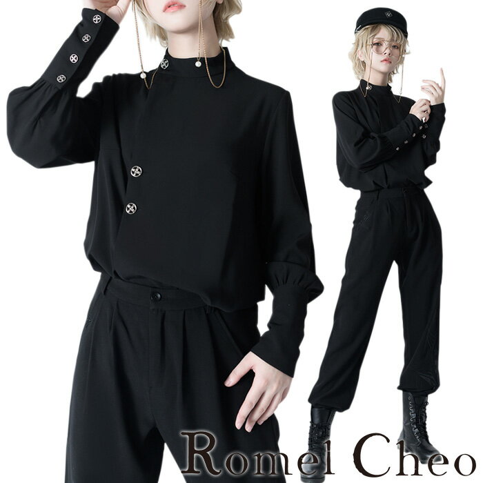 RomelCheo ゴシックパンクスタンドカラーシャツ モックネックシャツ ロングカフスシャツ デザインシャツ 長袖 モノトーン パンク ロック 個性的 病み系 ゴシック メンズ レディース ユニセックス モード系 ストリート 原宿系