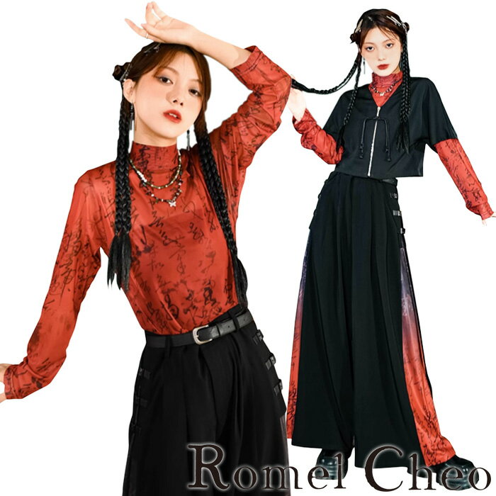 RomelCheo 和柄 ハイネック シャツ レディース モックネック タートルネック ロンT 長袖 カットソー プルオーバー 長袖 総柄 レトロ モダン 和風 アジアン エスニック モード系 ストリート 原宿系 ファッション 個性的 ロメルチェオ