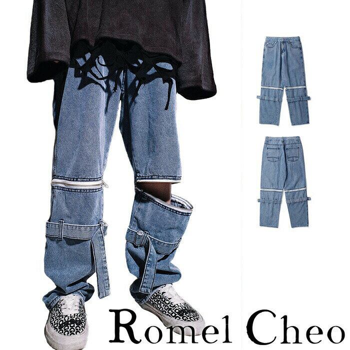 RomelCheo ジップ 2way デニム パンツ Y2K ジーンズ ローライズ ハーフ 5分丈 ロング ルーズ 半ズボン スリット ファスナー ゆったり メンズ ワイドデニム ボーイフレンド ストリート系 ファッション ロメルチェオ