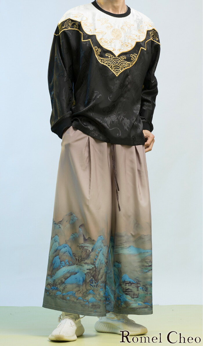 RomelCheo メンズ 和柄 袴パンツ 九分丈 ワイドパンツ ワイドレッグパンツ ガウチョパンツ イージーパンツ サルエルパンツ タイパンツ クロップドパンツ 和柄パンツ スカンツ アジアン メンズ モード系 ストリート 原宿系 ファッション ロメルチェオ