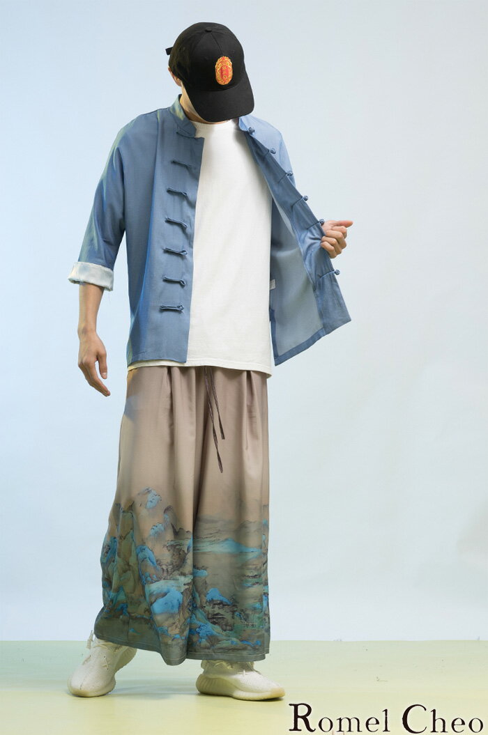 RomelCheo メンズ 和柄 袴パンツ 九分丈 ワイドパンツ ワイドレッグパンツ ガウチョパンツ イージーパンツ サルエルパンツ タイパンツ クロップドパンツ 和柄パンツ スカンツ アジアン メンズ モード系 ストリート 原宿系 ファッション ロメルチェオ