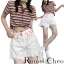 RomelCheo ロリータステッチダメージショートパンツ ハーフパンツ ホットパンツ ダメージパンツ デザインパンツ ハイウエスト 切りっぱなし カジュアルロリータ レディース 個性的 モード系 ストリート 原宿系 青文字系 サロン系 ファッション ロメルチェオ