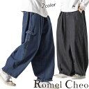 RomelCheo デニムワイドパンツ ワイドレッグパンツ ワークパンツ ペインターパンツ オーバーサイズデニム ダボパンツ ハーレムパンツ アランジンパンツ ウエストゴム メンズ 個性的 モード系 ストリート 原宿系 ファッション ロメルチェオ