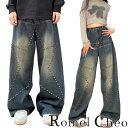 RomelCheo スターリベットワイドデニムパンツ ワイドパンツ ジーンズ ワイドレッグパンツ バギーパンツ カジュアルパンツ デザインパンツ ダボパン オーバーサイズ ゆったり メンズ モード系 ストリート 原宿系 サロン系 ファッション ロメルチェオ