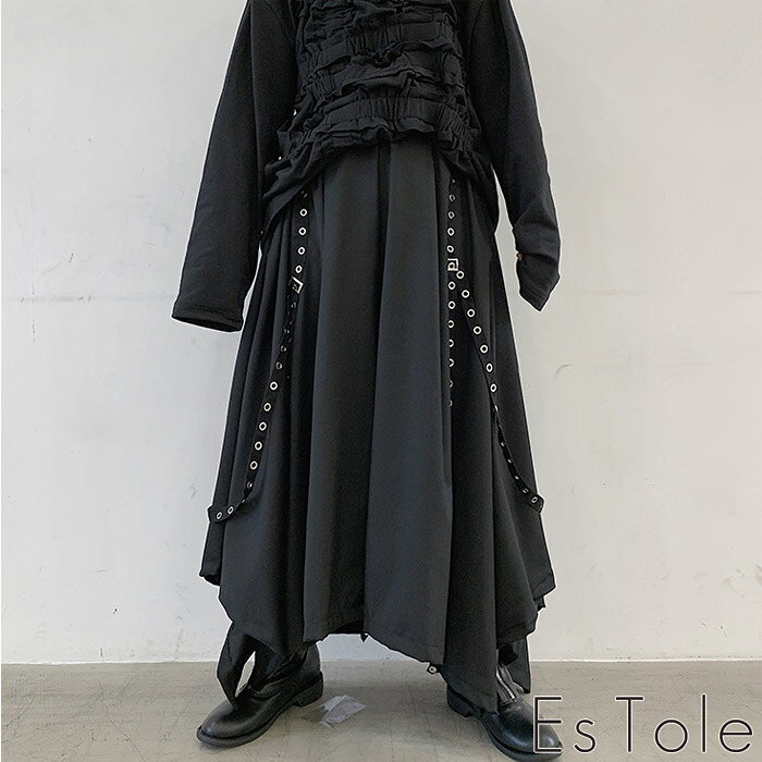 EsTole リングベルト付き 袴パンツ 和風 モード系 メンズ ワイドパンツ 個性的 パンクファッション レディース ガウチョパンツ 高級感 スカンツ 無地 ビッグシルエット ドレープ v系 ストリート系 病み 漢服 エストール romelcheo-10000765 RomelCheo サンプル画像2