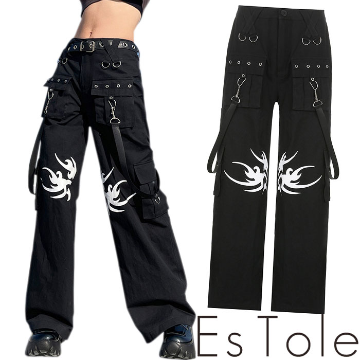 EsTole ストリートパンクガーゴパンツ ワイドパンツ サスペンダーパンツ ワイドシルエット ルーズシルエット ワイドレッグ ロングパンツ グラフィック カジュアル メンズ レディース ユニセックス モード系 ストリート 原宿系 青文字系 ファッション エストール