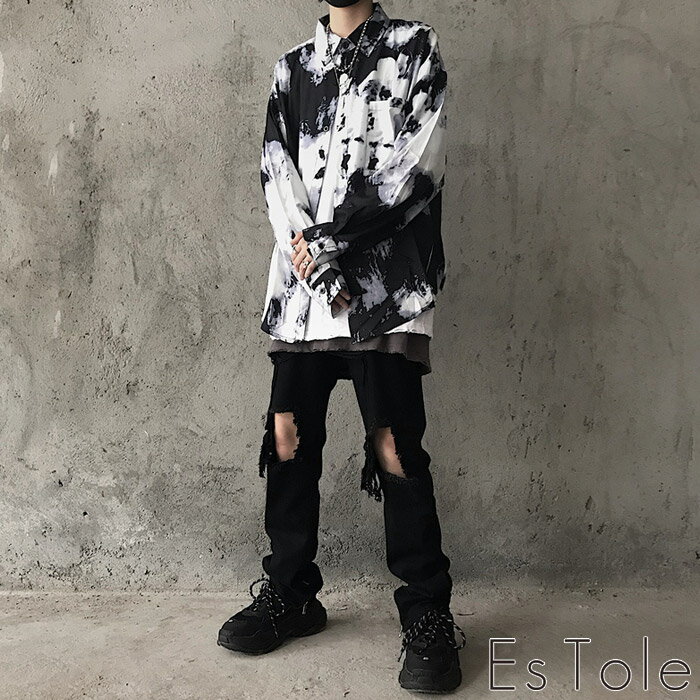 EsTole モザイク柄シャツ 長袖シャツ ゴシックシャツ 柄シャツ ドレスシャツ ゆっ...