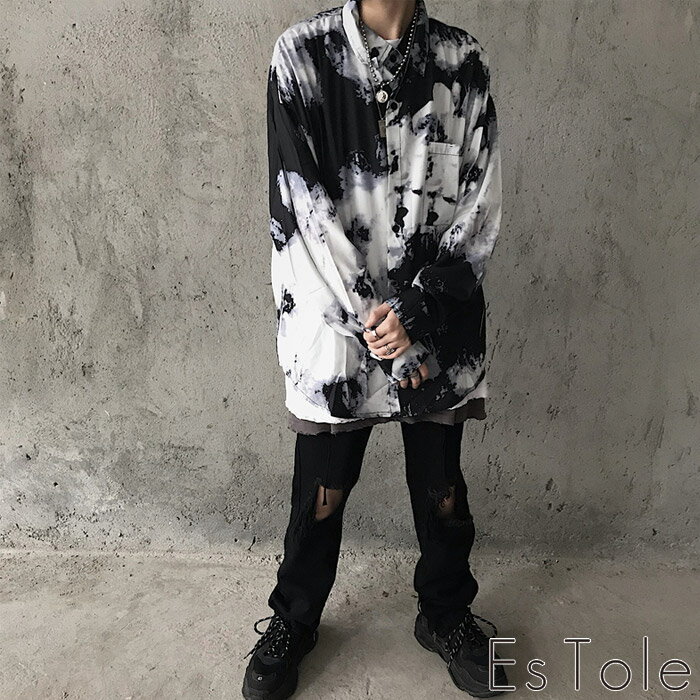 EsTole モザイク柄シャツ 長袖シャツ ゴシックシャツ 柄シャツ ドレスシャツ ゆっ...