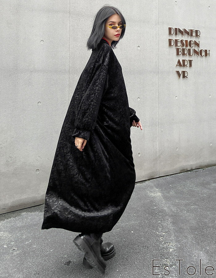 EsTole イラストチャイナボタンワンピース チャイナワンピ チャイナドレス チャイナボタン ゆったり オーバーサイズ Aライン ロング丈 マキシ丈 長袖 アジアン エスニック 民族風 原宿系 青文字系 レディース モード系 原宿系 エストール