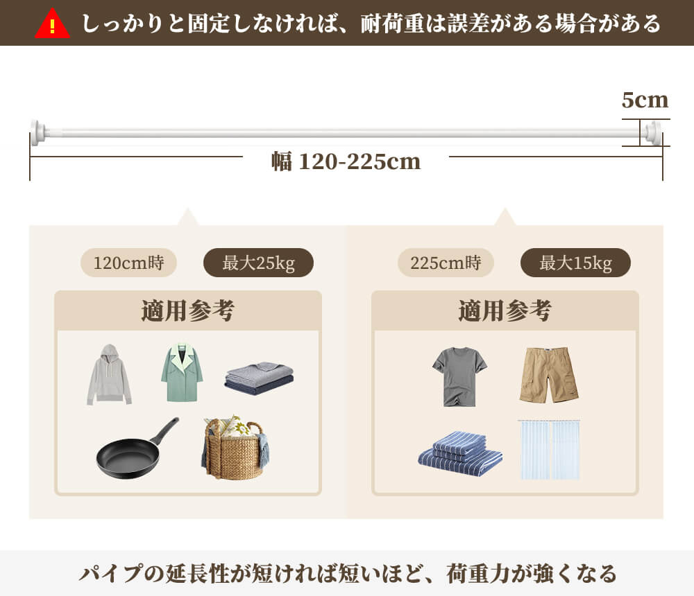 超強力・サイズ選択可能突っ張り棒強力80cm145cm50cm85cm120cm125cmステンレスカーテン伸縮ポールパイプ径25mm浴室つっぱり棒伸縮棒ステンレス強力物干し収納突っ張りラックものほし竿ドリル不要洗濯物干し布団干し室内屋外送料無料ホワイト