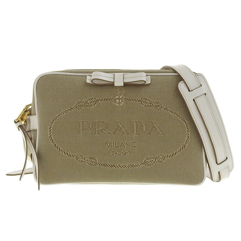 【中古】 プラダ PRADA ジャガード リボン ショルダーバッグ キャンバス/レザー ベージュ/ホワイト 1BH089 新入荷 OB1457