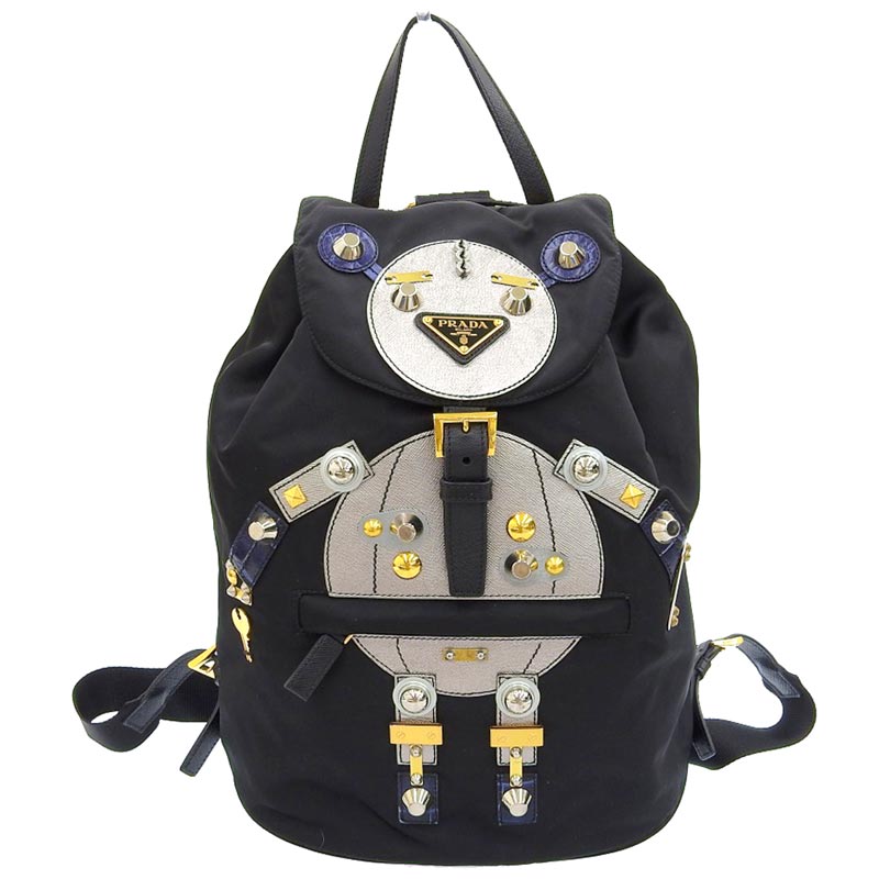 【中古】 プラダ PRADA ロボット バックパック リュックサック ナイロン レザー ブラック シルバー 1BZ032 新入荷 OB1739