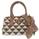 【中古】 プラダ PRADA シンボル エンブロイダリー トップハンドルバッグ 2WAY ファブリック/レザー ブラウン/ホワイト 1BB846 美品 新入荷 ...