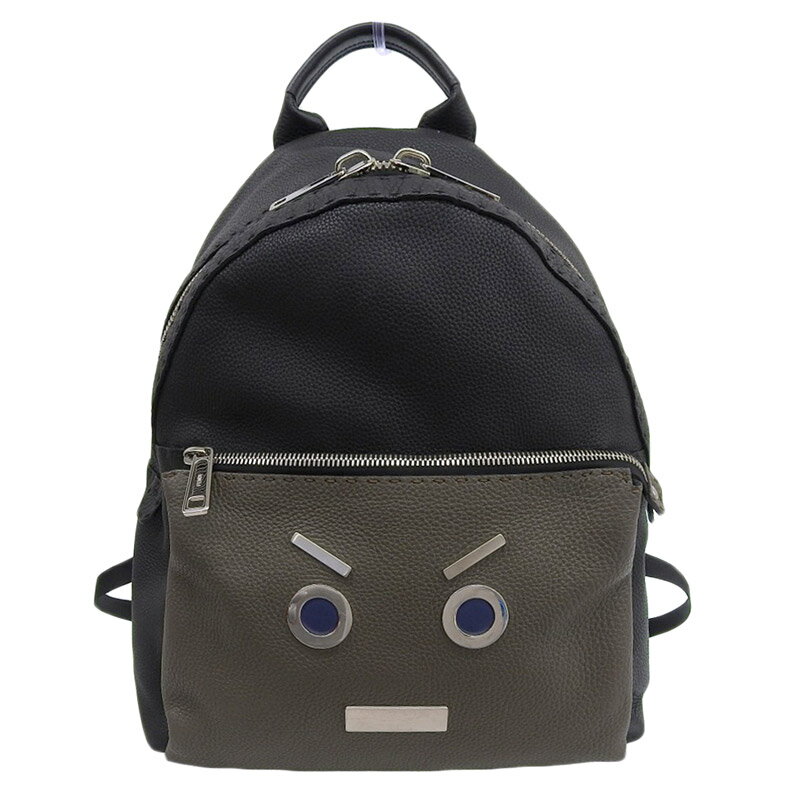 【中古】 フェンディ FENDI ノーワーズフェイス バックパック リュックサック レザー ブラック/カーキ 7VZ012 新入荷 OB2434