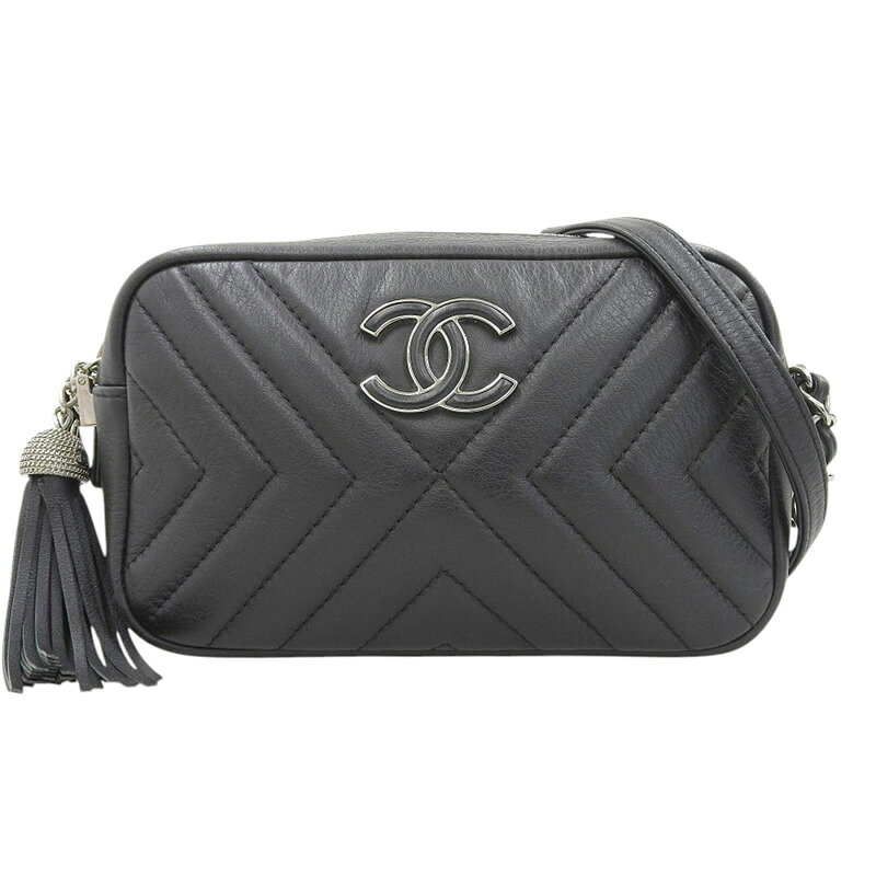 Rakuten - 【中古】 シャネル CHANEL シェブロン Vステッチ フリンジ チェーンショルダー ショルダーバッグ レザー ブラック A57617 25番台 新入荷 CH1011