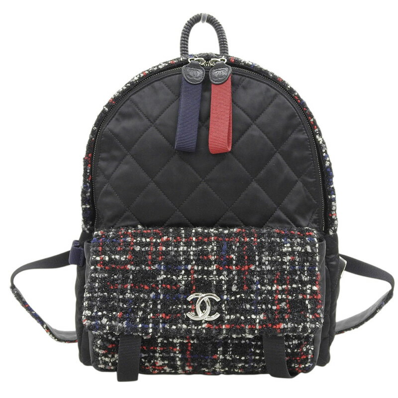 【中古】 シャネル CHANEL マトラッセ リュックサック バックパック ナイロン ツイード ブラック レッド 24番台 新入荷 CH1066