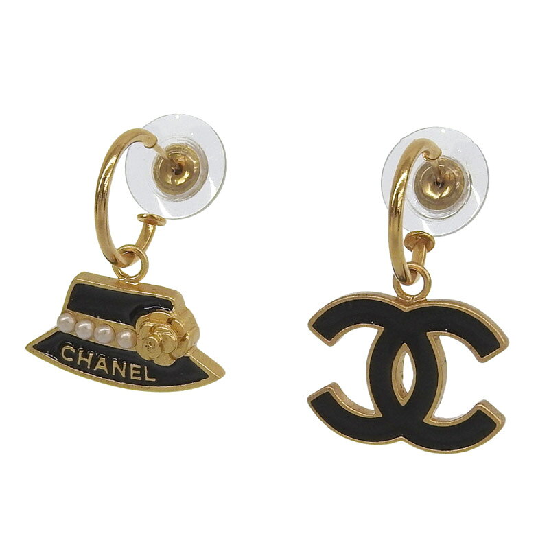 Rakuten - 【中古】 シャネル CHANEL ハット カメリア ココマーク ピアス GP ブラック ゴールド色 02A 新入荷 CH1111