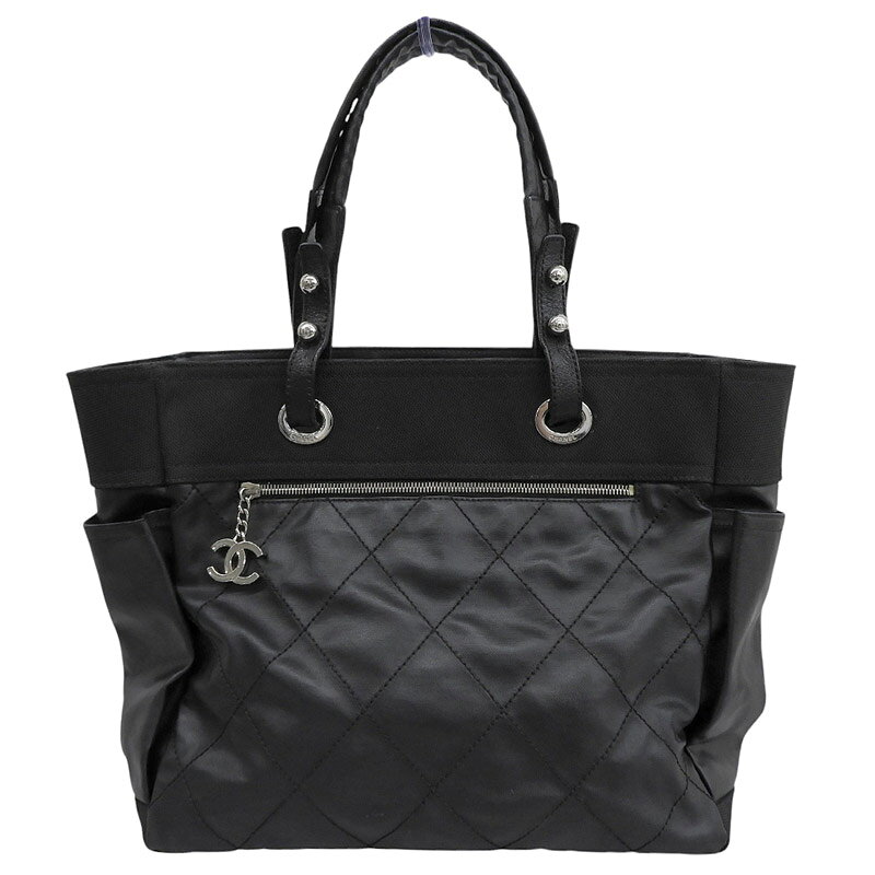 【中古】 シャネル CHANEL パリビアリッツGM トートバッグ コーティングキャンバス ブラック ...