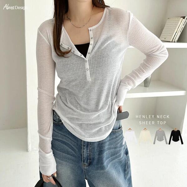 Rakuten - ヘンリーネック シアー トップス レディース 長袖トップス カットソー プルオーバー ロングtシャツ リブトップス 体型カバー 長袖 リブ スナップボタン 長袖tシャツ tシャツ ロンt 無地t シアー トップス 楽ちん リラックス カジュアル シンプル 春夏 秋冬 春 夏 秋 冬 t05