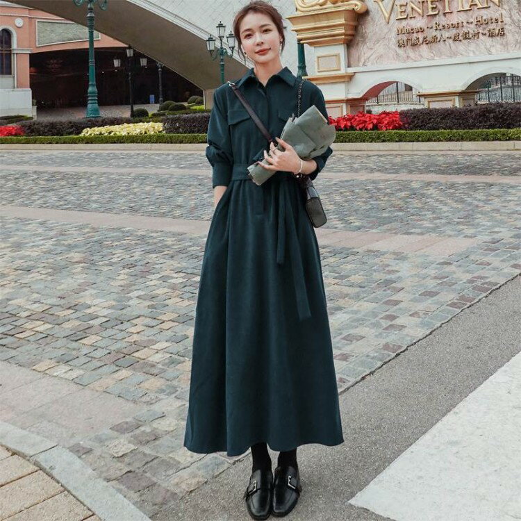 ワンピース レディース シャツ フレア 可愛い きれいめ シンプル 個性的 ロング丈 袖あり 長袖 襟付き Aライン ウエストリボン ベロア 無地 緑 黒 赤 S M L XL 春 カジュアル 大人 冬 秋
