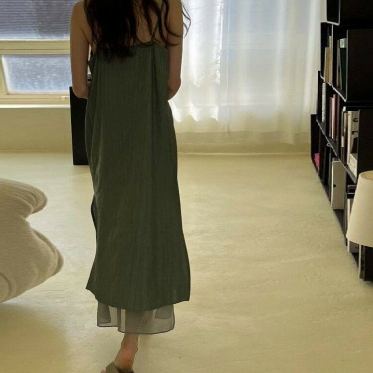 シアー キャミソールワンピース ワンピース キャミソールシアーワンピース 抜け感 レイヤードスカート 無地 シースルー 透け感 ロングワンピース グリーン シンプル ひざ下丈