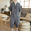 夏服 セットアップ メンズ 七分袖 綿麻 無地 Tシャツ Vネック トップス ハーフパンツ ショートパンツ サルエルパンツ 上下 和式 パーカー 部屋着 大きい...