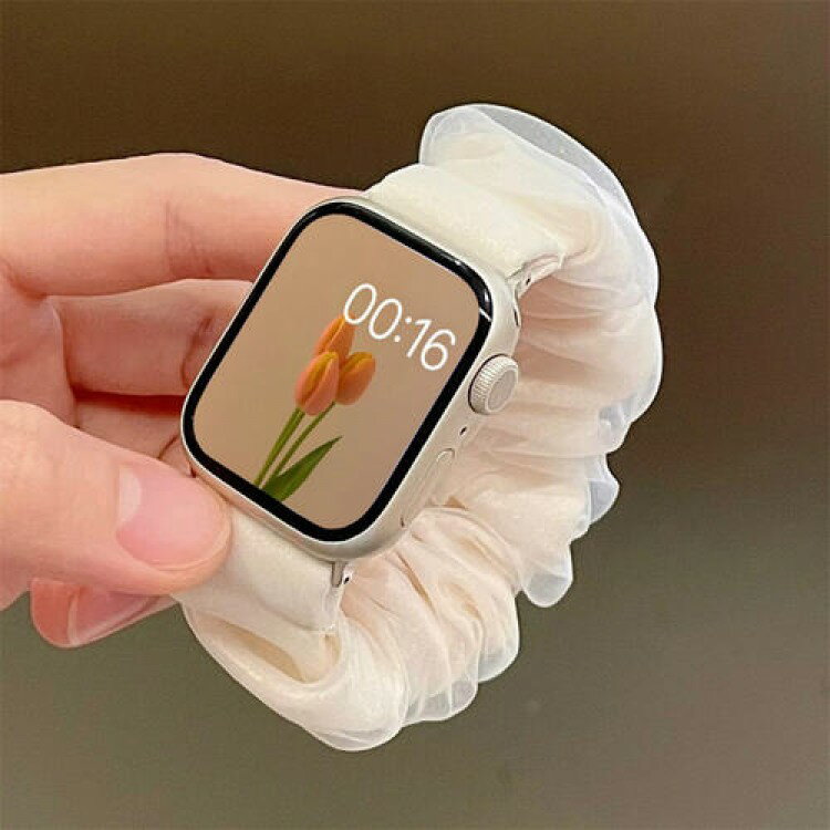 Apple Watch バンド アップルウォッチ 時計 腕時計 レディース スマート シュシュ シアー フリル Android かわいい 韓国 防水 ベージュ 青 SE iPho 第2世代 ultra