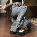 パンツ レディース 大きいサイズS~4XL 刺繍バタフライフレアデニムパンツ フレアデニム ロングデニム ハイウエスト 韓国 人気 トレンド 新作 20代 30代 40代 シンプル レトロ きれいめ