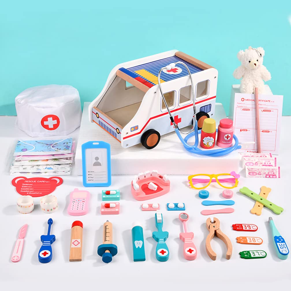 お医者さんごっこ お医者さんセット 木製 歯医者ごっこ遊び 医療キット ドクター 救急車 知育玩具 想像力育ち 室内ゲーム ままごと 木のおもちゃ 女の子 男の...
