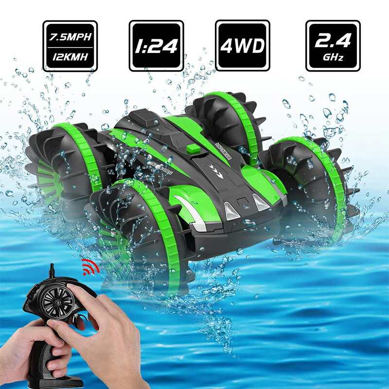 ラジコンカー こども向け スタントカー 水陸両用 オフロード リモコンカー 360度回転 防水 四輪駆動 両面走行 USB充電式 電動 車おもちゃ 子供 キッズ 小学生 誕生日 プレゼント ギフト グリーン【海外通販】