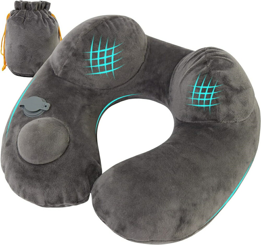 ネックピロー 首枕 旅行用 U型ネックピロー 飛行機 携帯枕 空気枕 エアーピロー 旅行便利グッズ 持ち運び便利 オフィス トラベル 収納バッグ付き グレー【海外通販】