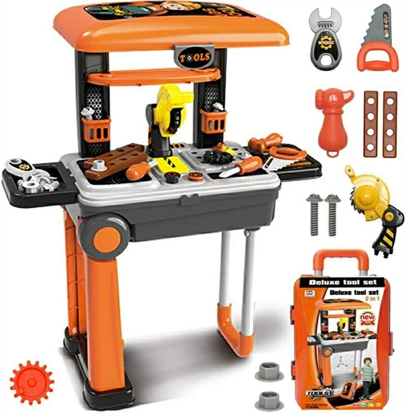 【ミニワークセンター】：スーツケース形となっている男の子向けの工具おもちゃセットです！簡単に組み立てれば、ミニワークベンチになれます！収納・お持ち運びにもかなり便利～♪ 大工さん気分】：本物そっくりの工具道具で、お子様に大工さん気分を味わせ...