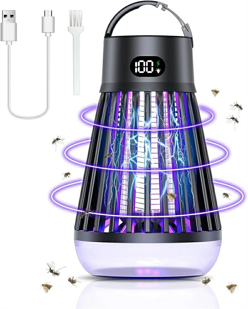 電気機械式蚊取り器 LED 蚊取りランプ UVライト 蛾を誘引 蚊が飛ぶ 多機能静音設計 省エネで経済的 薬剤不要 USB充電式 大容量 2000mAh IPX2000mAh 5防水 LED照明 照明吊り下げ＆置き両用は屋外/屋外に適しています 屋内/寝室/リビングルーム/夜釣り/停電など(ブラック)
