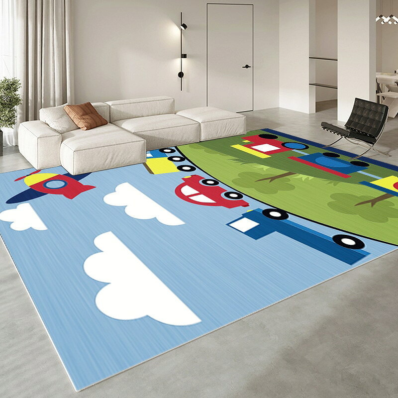 Character Pattern - ラグ カーペット 洗える 子供部屋 プレイマット 乗り物 飛行機 車 電車 道路 絨毯 じゅうたん キッズラグ ベビーマット センターラグ マット 長方形 滑り止め 抗菌 防臭 防ダニ 床暖房 ホットカーペット対応 オールシーズン 騒音対策 足音 傷防止 リビング ダイニング