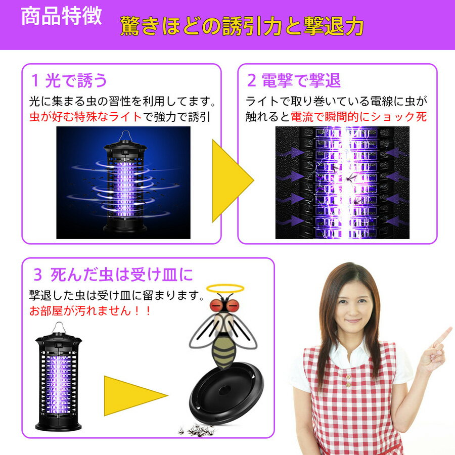電撃殺虫器蚊取り器殺虫ライトPSE認証済誘虫灯電撃殺虫灯薬剤不要電池不要ランプ寿命約8,000時間無害静音省エネ赤ちゃんやペットにも安心お部屋・台所・寝室・玄関・オフィス・リビング・居間・飲食店